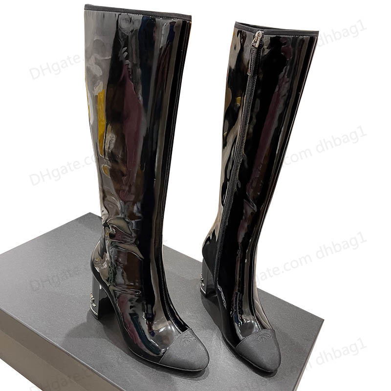 

Designer Womens Knee Boots Classic Calf Patent Leather With Zippers Chunky Heel 8.5cm Round Toes Fashion Snow Boot Knight Booties Fall Winter Outdoor Casual Shoes, Black