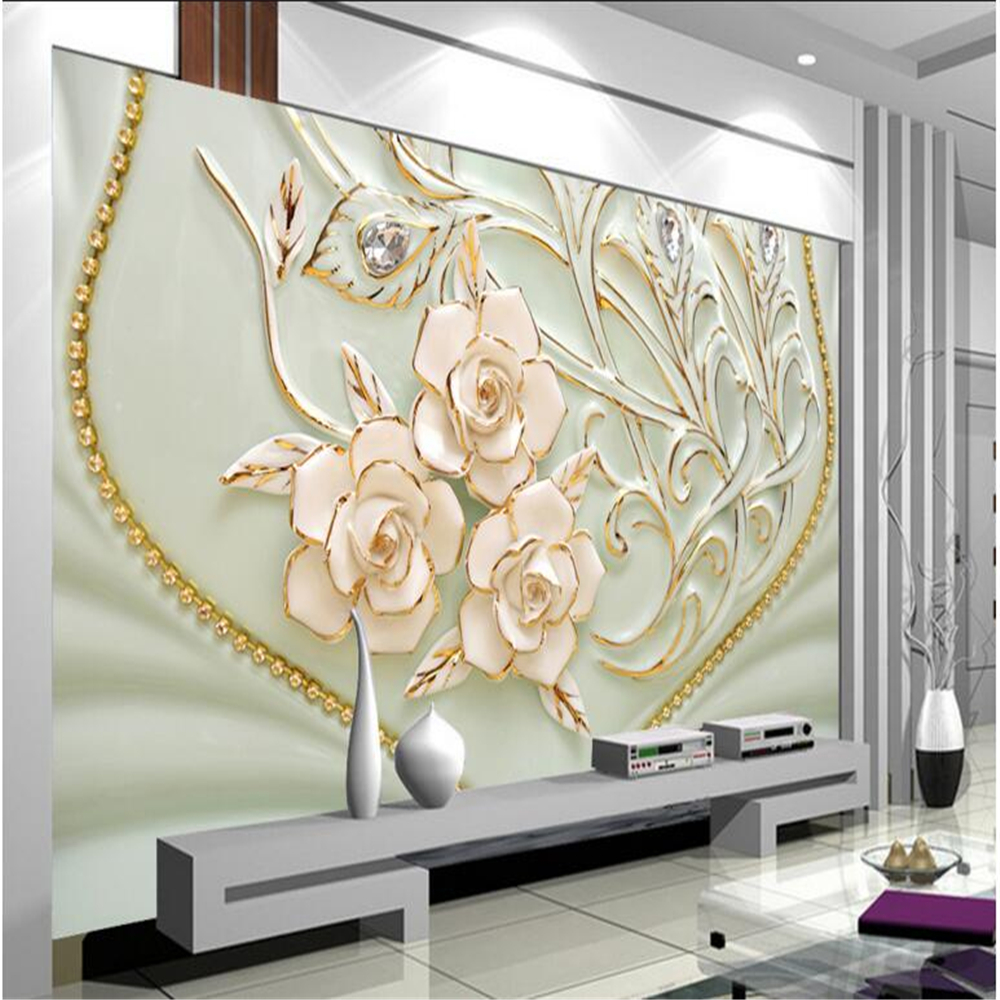feathers rose white flowers relief background wall custom large mural green wallpaper-image-801879364