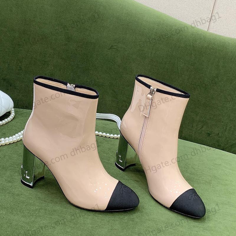 

2022/23 Designer Womens Ankle Boots Chunky Heel Cowhide Patent Leather Heel 8.5cm Black Knight Rainboots Western Fashion Snow Boot Luxurys Zippers Rivet Booties