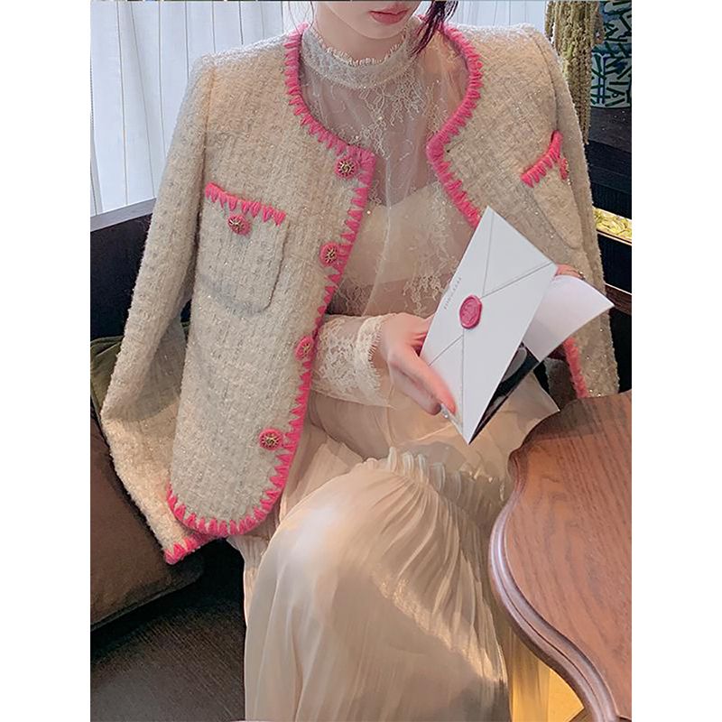 

Women' long sleeve color block pink jacket o-neck tweed woolen single breasted coat SMLXLXXL, Pic coat