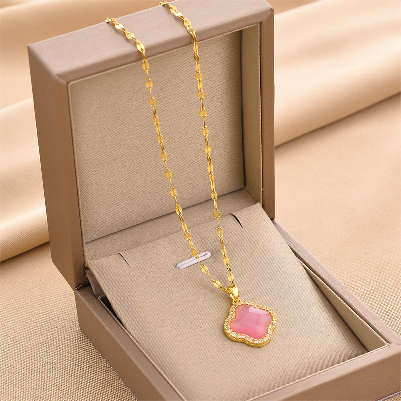 Cute 18K Gold Clover Pendant Necklace Women Friendship Gemstone Jewelry-image-801867076