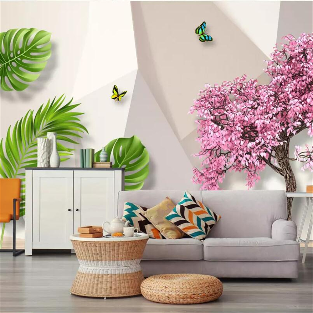 

3D three-dimensional fresh flower tree banana leaf background wall custom mural green wallpaper, Pink