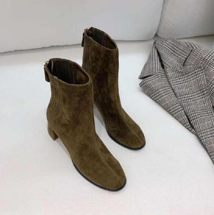 

Elgant Winter Woman Aquazzuras Boots Italy Honore Bootie Genuine Leather Suede Zip Mid Calf Block Heel Stretch Ankle Boots Luxury Fashion