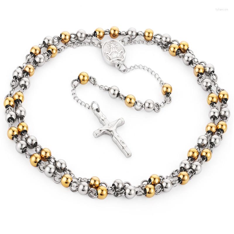 

Pendant Necklaces Stainless Steel Rosary Beads Jesus Necklace Catholic Gold Silver Color Long Chain Cross For Women Jewelry Gifts
