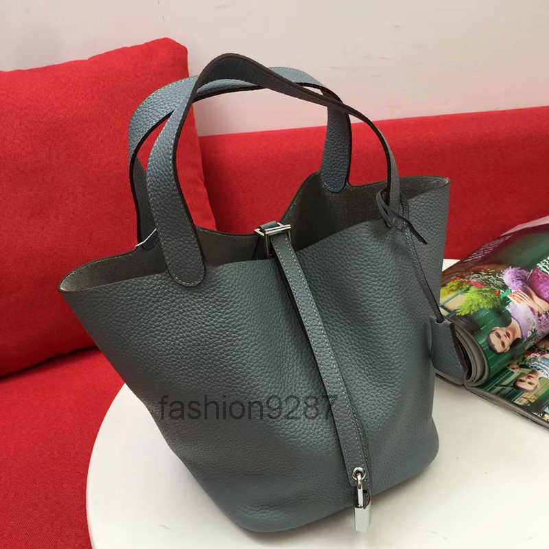 

Classic Vegetable Basket Bags Picotin Lock Female Genuine Leather Brand Fashion Quality Handbag Large Capacity Bucket 2022, Grey