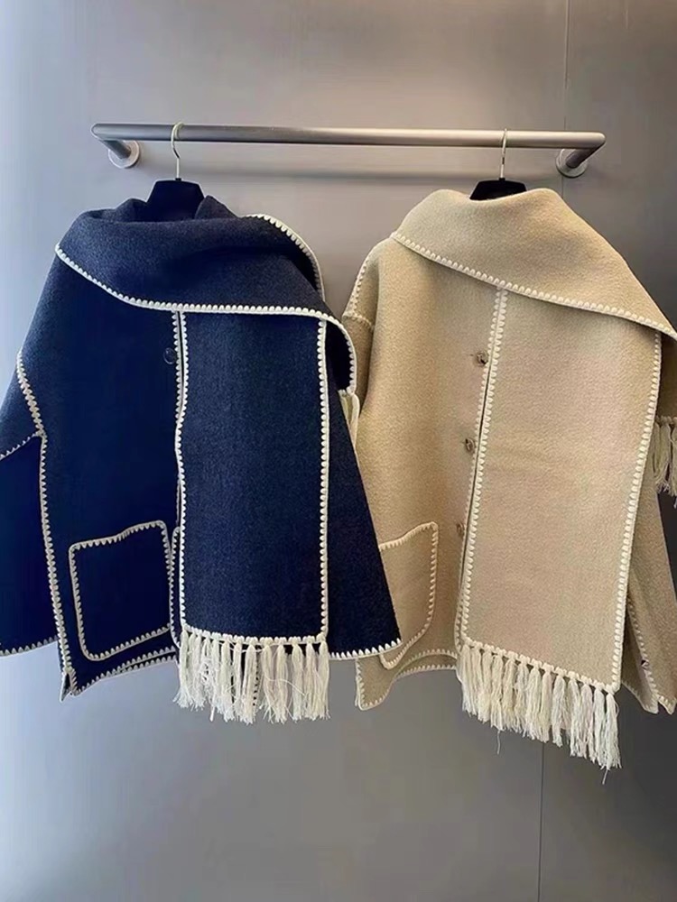 

22FW tot-em Single-breasted Tassel Scarf Wool Coat grey Colors; grey and apricot, Orange