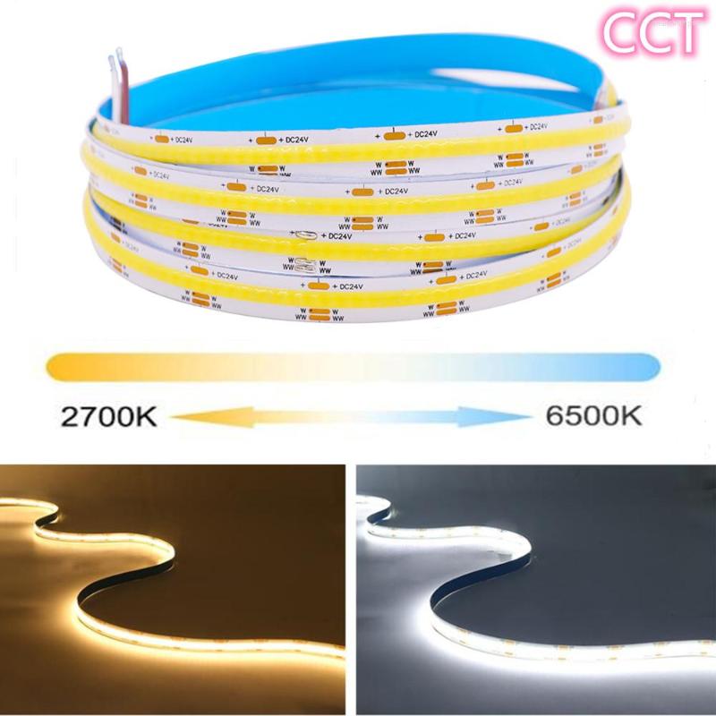 

Strips CCT COB LED Strip Light 5M High Density Dual Colour Warm Cool White Dimmable Linear Lights 12V 24V 512leds/m Flexible Tape Rope