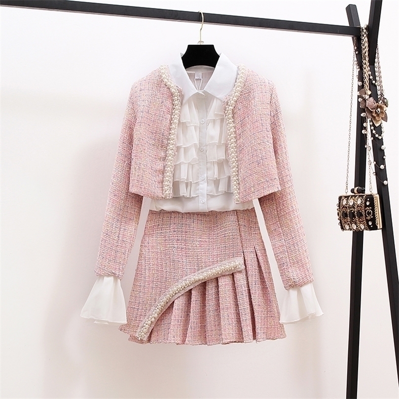 

Two Piece Dress High Quality Women Autumn Winter 3 Piece Sets Lady Fashion Elegant Slim Coat Skirt Shirt Threepiece Suit Tweed Sets 220909, White shirt
