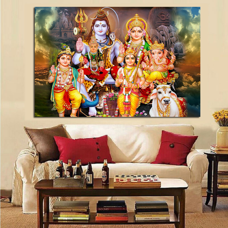 

Painting Shiva Parvati Ganesha Indian Art Hindu God Figure Canvas Religious Poster and Print Wall Picture for Living Room Decor