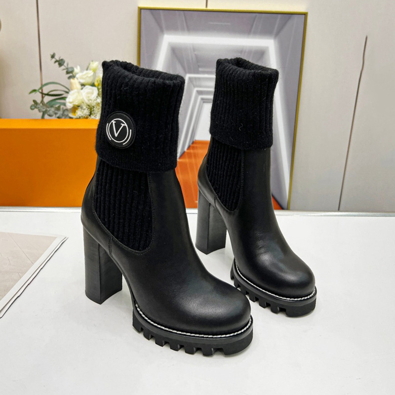 

Black Leather Ankle Boot Women Platform Socks Boots With Collar and Side Panels in Wool Fashion Sock Boot Treaded Rubber Sole Booties