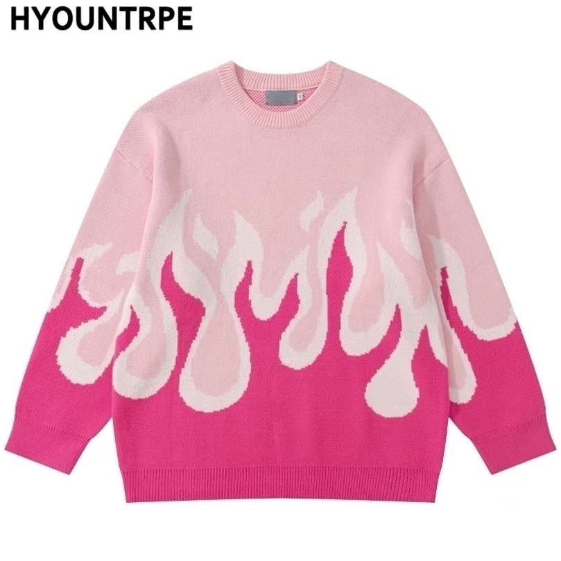 Mens Sweaters Hip Hop Fire Knitted Oversized Sweater Men Autumn Winter Oneck Long Sleeve Pullover Streetwear Loose Tops Sweaters Clothing 220912