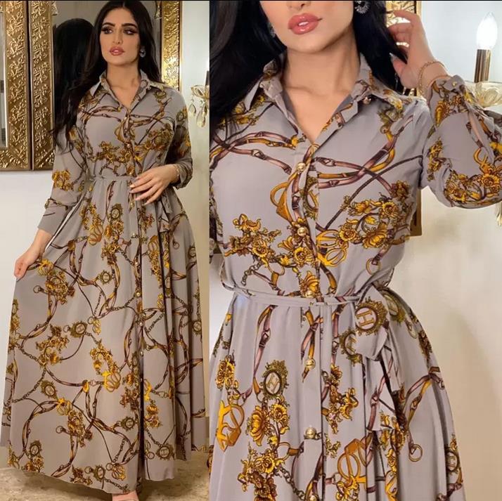 Automne Hiver Casual Robe Long Robes Fashion French Elegant for Women Summer Retro Imprime Muslim Muslim Blouse de robe de chemise à semes mono-p