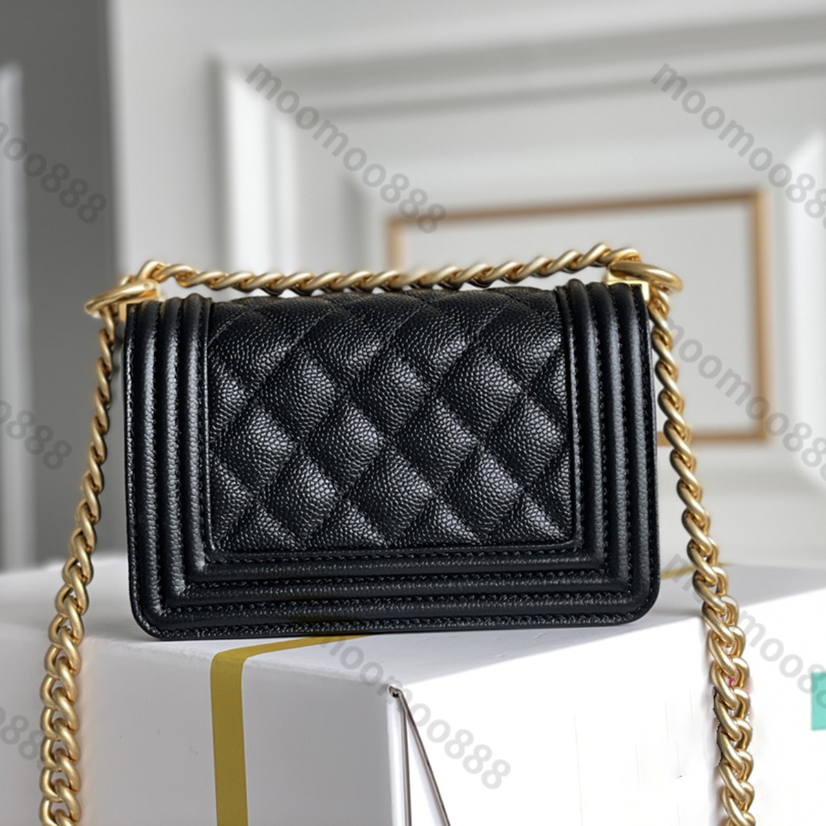 

10A Top Tier Mirror Quality Mini Boy Bags Luxury Designer Handbag Women Real Leather Caviar Quilted Purse Flap Bag Small Black Shoulder Box Gold Bags Wallet On Chain, Black real leather