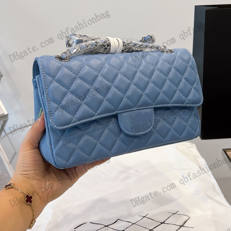 

Womens Classic Silver Hardware Double Flap Bag Top Caviar Calfskin Purse French Designer Quilted Chain Crossbody Sacoche Multi Pocket Large Handbags 25x15x7CM, Box