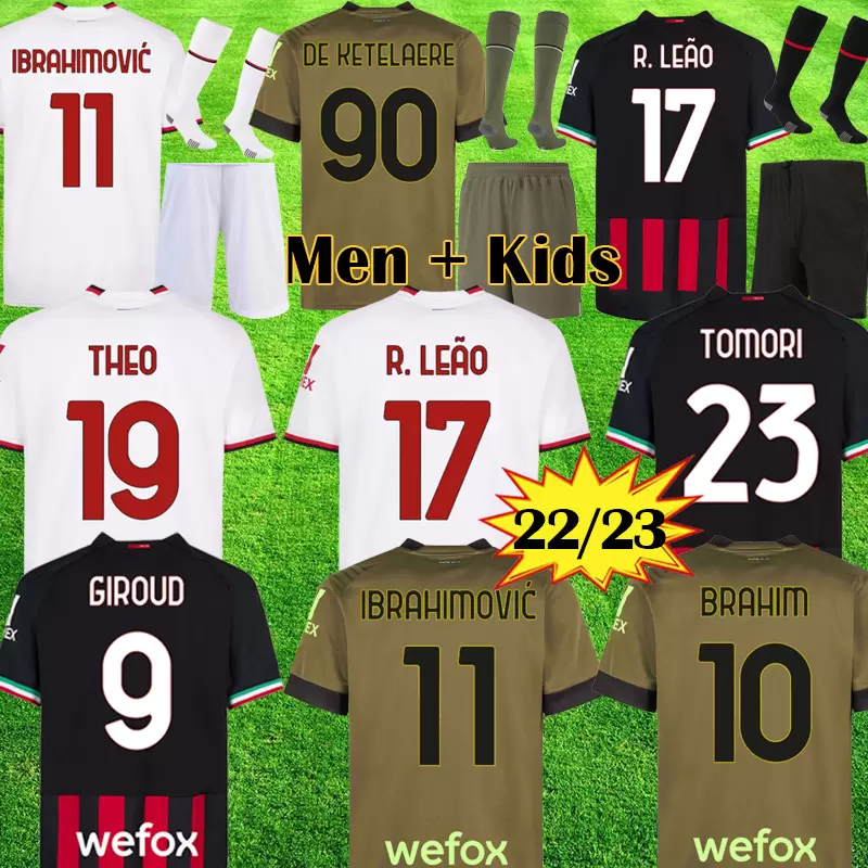 

IBRAHIMOVIC 22 23 soccer jersey AC MILANS GIROUD R.LEAO BENNACER Theo ROMAGNOLI FLORENZI TONALI REBIC 2022 2023 football shirt maillot men kids kit full set socks 222, Grey