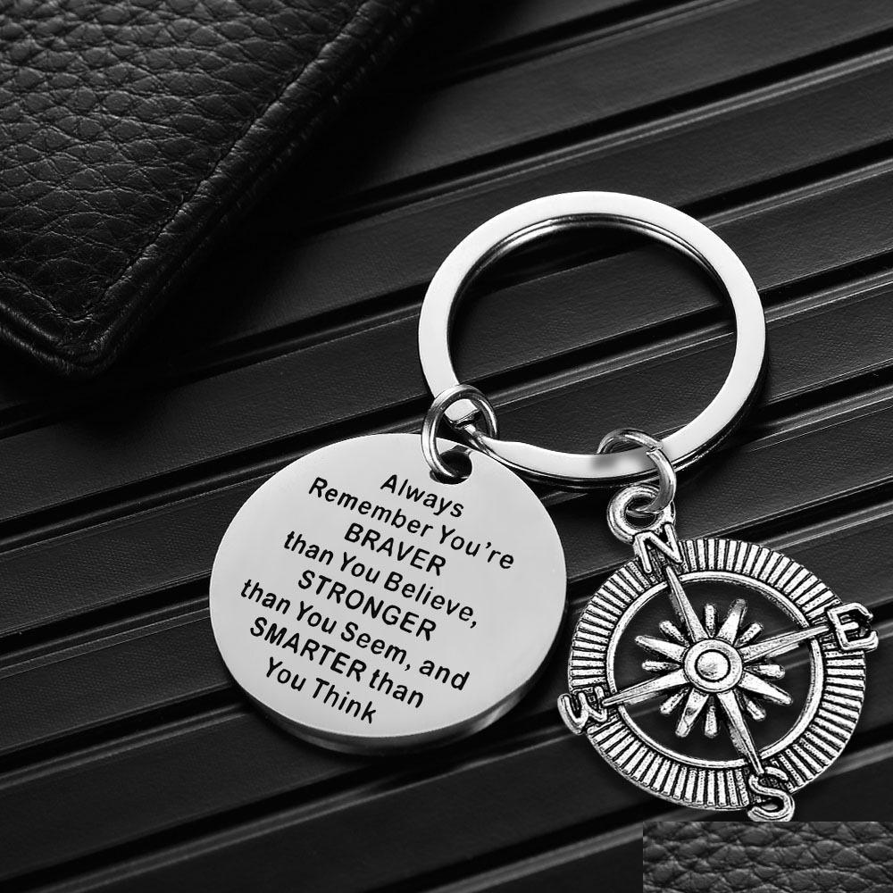 

Keychains Remember Youre Brave Keychain Round Bar Disc Stainless European American Inspirational Compass Key Chain Gift Jewelry Drop Dhcxg