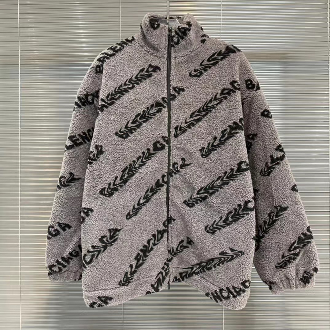 

2022 High Street Sherpa Jacket Mens Coats Furry Color Block Patchwork Embroidered Letters Cotton Fleece Stand Collar Coat Couple Oversized S-L