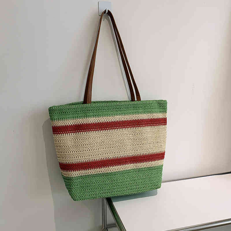 Beach style portable straw woven bag 2022 new fashion women's color contrast large capacity One Shoulder Tote Bag Purses Outlet-image-802172270