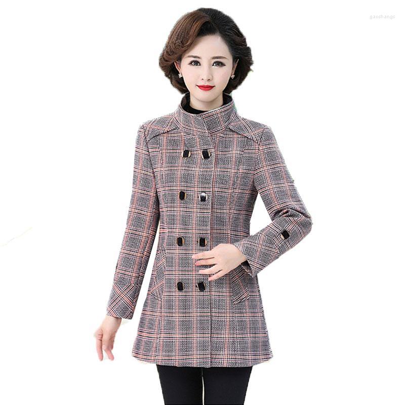 

Women's Trench Coats Spring Autumn Women's Coat Double-Breasted Plaid Middle-Aged Elderly Mother's Outerwear Female Tops Plus Size, Blue