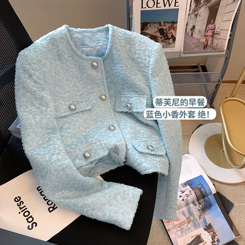 

Women' long sleeve sky blue tweed jacket o-neck single breasted short coat SML