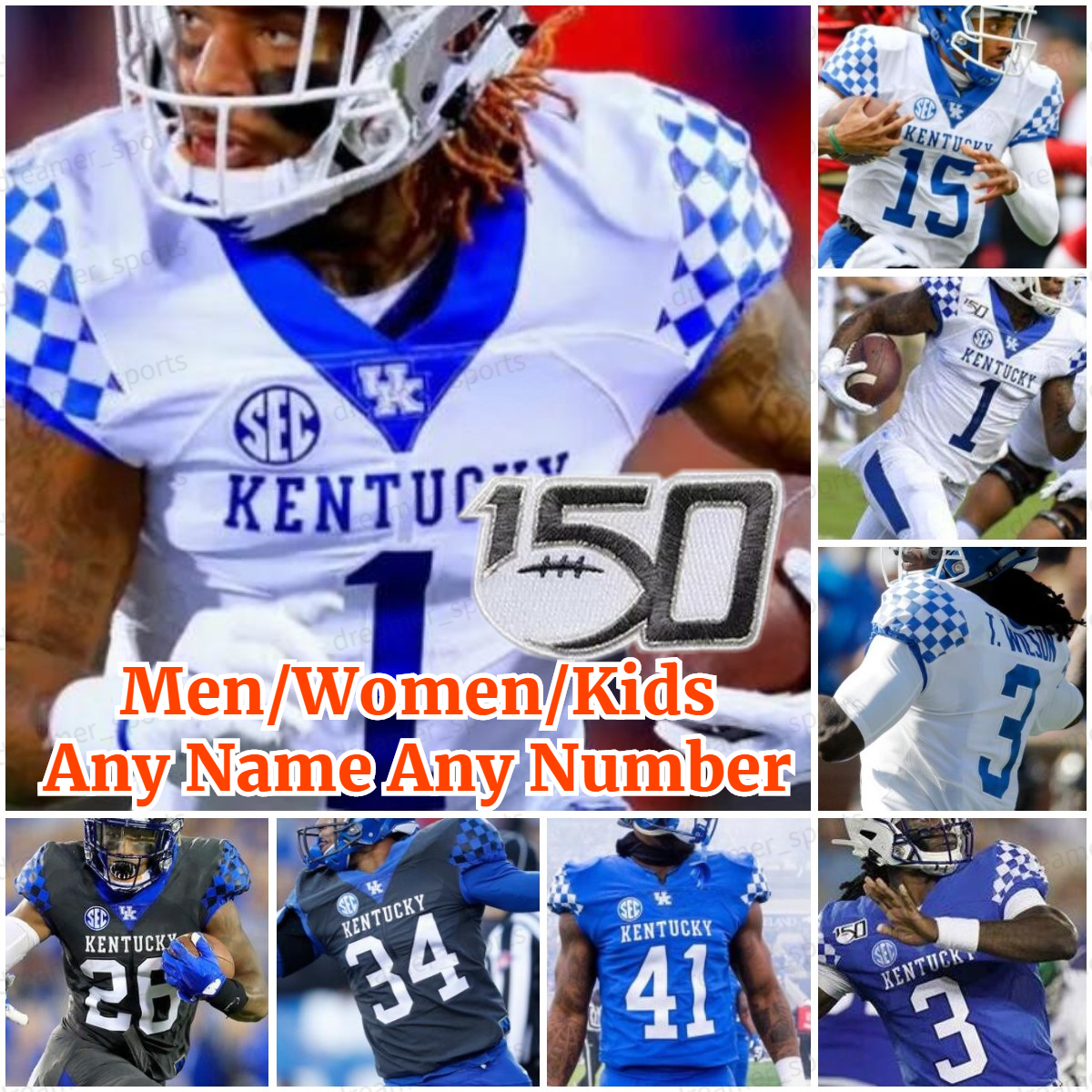 

Custom Kentucky Wildcats Football Jersey 26 Snell Jr. 1 Bowden Jr. 18 Cobb 3 T.Wilson Black Blue White NCAA College Men Jerseys, White jersey+150th patch