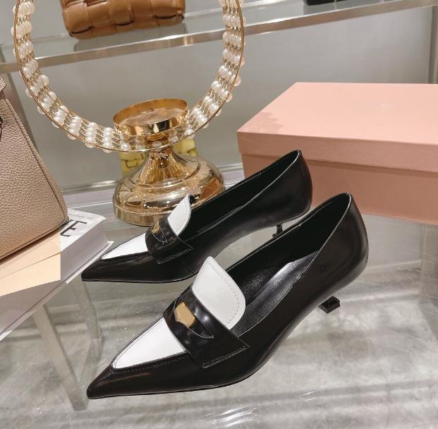 

2022 Miu pointed cat heel leather shoes women stitching new gold shallow mouth high-heels nose retro Ladies Banquet Wedding Vacation Low Heels shoes, White