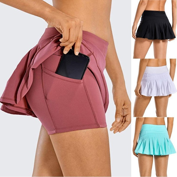 

Tennis Skirts Pleated Yoga Skirt Gym Clothes Women Running Fitness Golf Pants Shorts Sports Back Waist Pocket Zipper S-6XL, Khaki