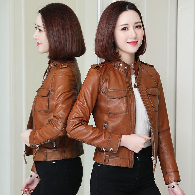

Women's Leather Autumn And Winter 2022 Clothes Women's Slim Fashion Short Sheepskin Vertical Collar Motorcycle & Faux, Brown