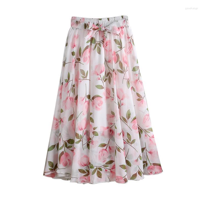 

Skirts Women Chiffon Vintage Elegant Boho Midi Skirt With Belt Summer 2022 High Waist Pleated Womens Lady Print Female, Color 1