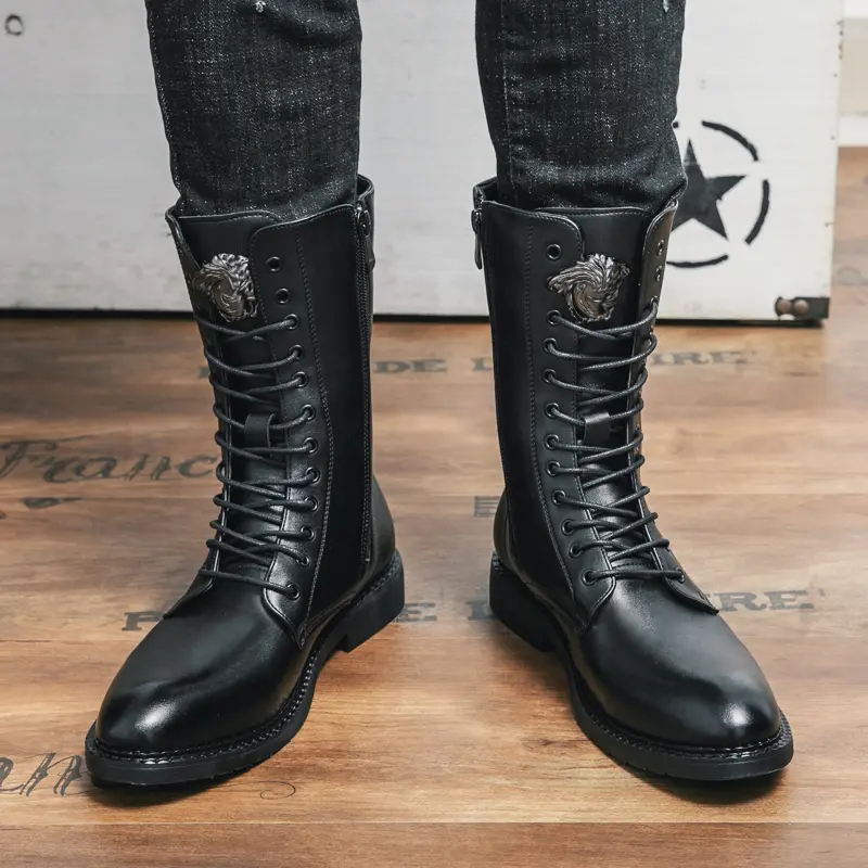 Men High-top Fashion Boots PU Solid Color Fashion Simple Lace-up Decorative Comfortable All-match Casual Leather Shoes AD158