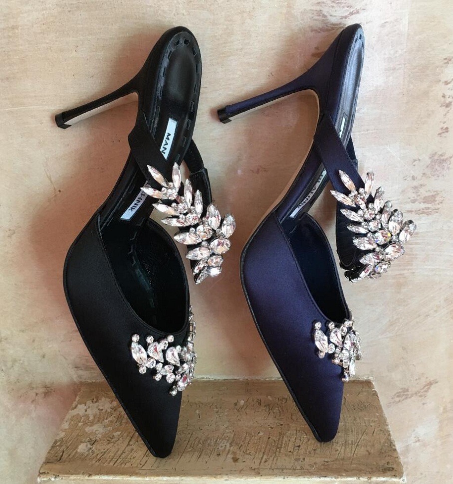 

Top Luxury Lurum Sandals Shoes Women Sexy Slippers Shiny Satin Black Nude White Crystal Jewels Strappy Pointed Toe High Stiletto Heels EU35-43