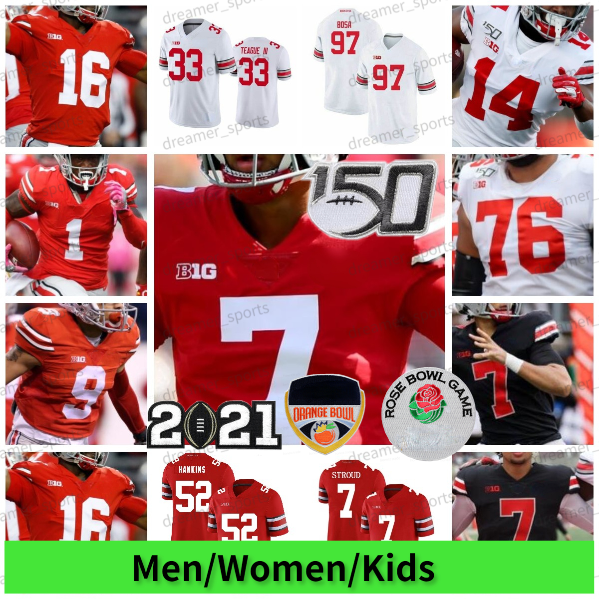 

Custom Ohio State Buckeyes Football Jersey 7 Stroud 27 Eddie George 97 Joey Bosa 45 Griffin Garett Wilson 15 Elliott 4 Fleming 150TH College Jerseys Men Women Kids, Red jersey+2021 patch