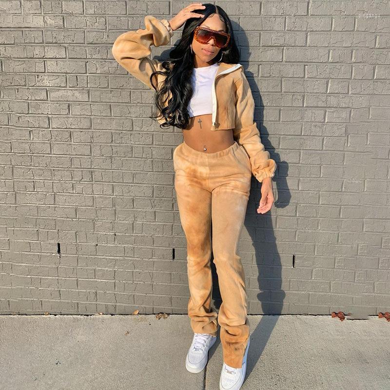 

Women' Two Piece Pants Women' Autumn And Winter Style Tie-dye Short Zipper Hoodie Pleated Suit Sportswear Casual Sweater Two-piece, Orange