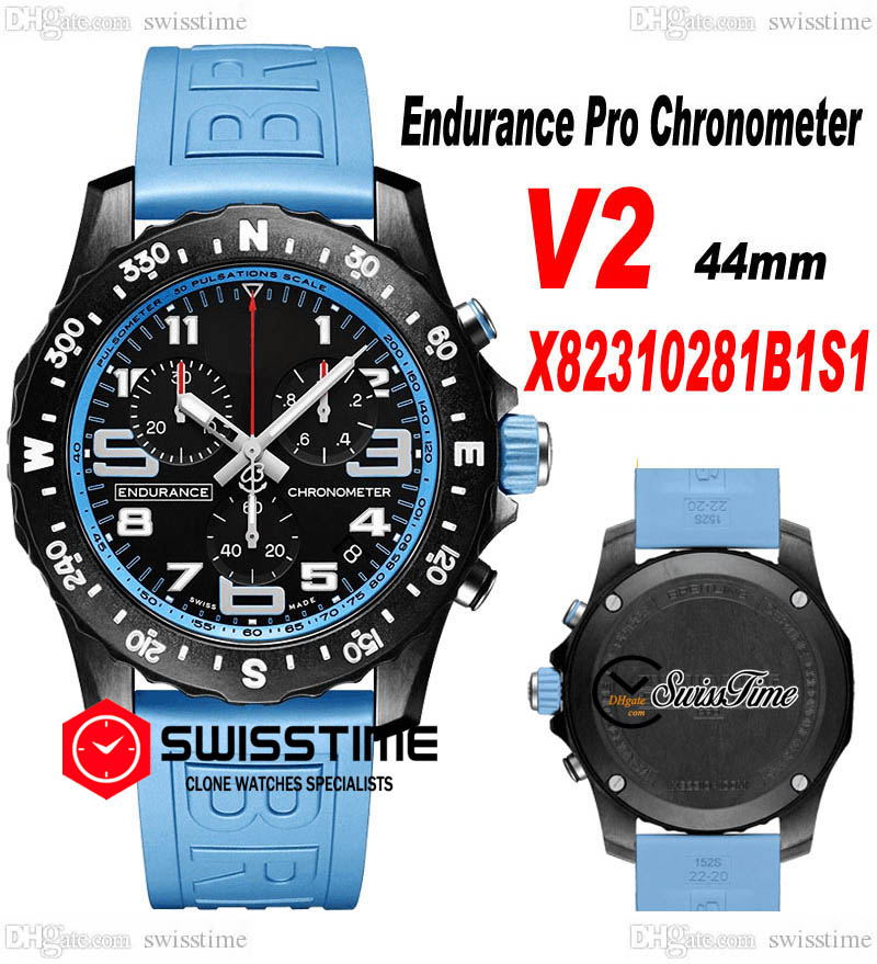 

Endurance Pro 44 Miyota Quartz Chronograph Mens Watch V2 X82310281B1S1 PVD Steel All Black Big Number Markers Sky Blue Rubber Strap Watches Stopwatch Swisstime F6