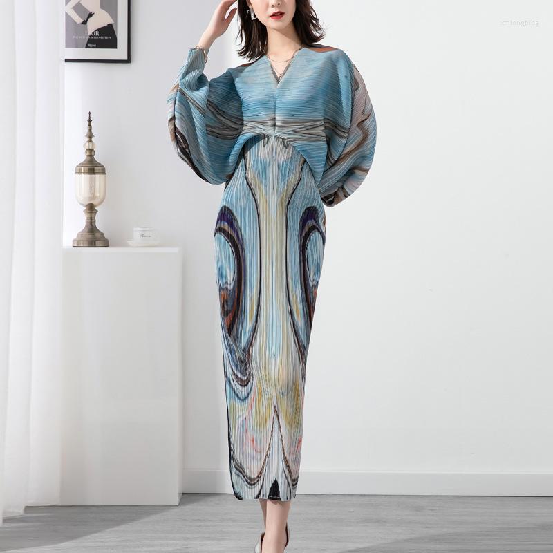 

Casual Dresses Miyake Pleated Large Size Dress Women Spring And Summer Printing Meat-covering Bat Sleeve Long Women's