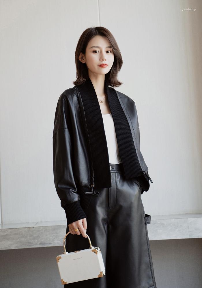 

Women's Leather Women Genuine Sheep Coat Female Real Skin Spring Autumn Short Loose Cardigan Motorcycle Jacket Coats Clothes Women's &, Black