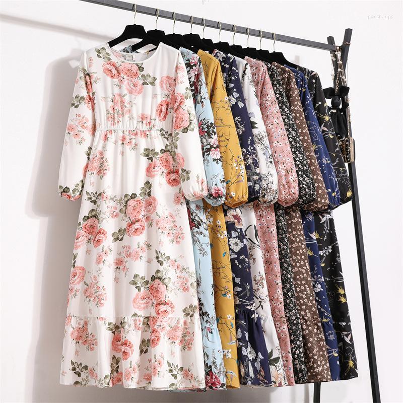 

Casual Dresses Spring Women Fashion High Waist Long Dress For Ladies O Neck Sleeves Floral Thin A-Line DressCasual, Color04