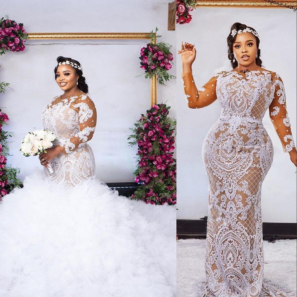 

2022 Luxury Mermaid Wedding Dresses Champagne Illusion Neck Long Sleeves White Lace Appliques Crystal Ruffles Tiered Bridal Wedding Gowns Elegant Robe De Mariee, Ivory