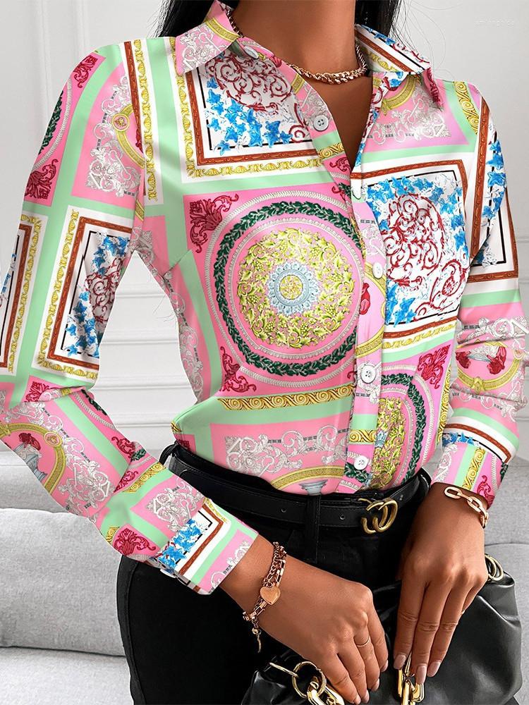 

Casual Dresses Hirigin Printed Shirt Women Spring Elegant Office Ladies Blouse Clothes Lapel Long Sleeve Buttons Tops For Woman