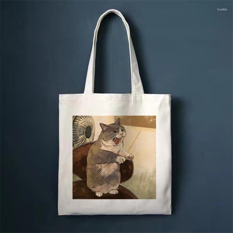 

Shopping Bags Crazy Screaming Cat Print Shopper Handbags Shoulder High Capacity Collapsible Woman Canvas Bag Tote, 26