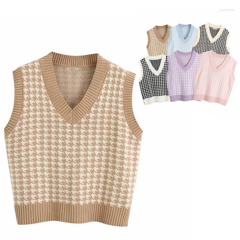 

Women' Vests Fashionable Contrast Color Thousand Bird Check Knitted Vest Autumn And Winter Women' Casual Simple Sleeveless Sweater, 01