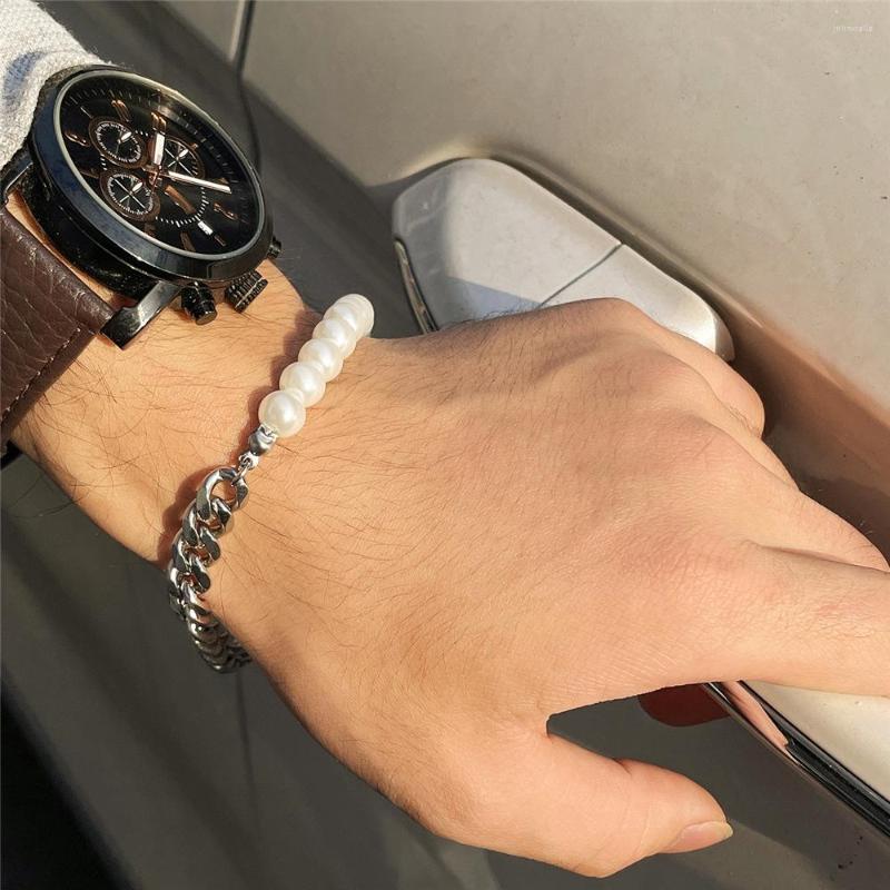 

Link Bracelets Classic Stainless Steel Men's Bracelet Curb Cuban Chain Braclet White Imitation Pearls Beads Braslet 2022 Male Jewelry Gift