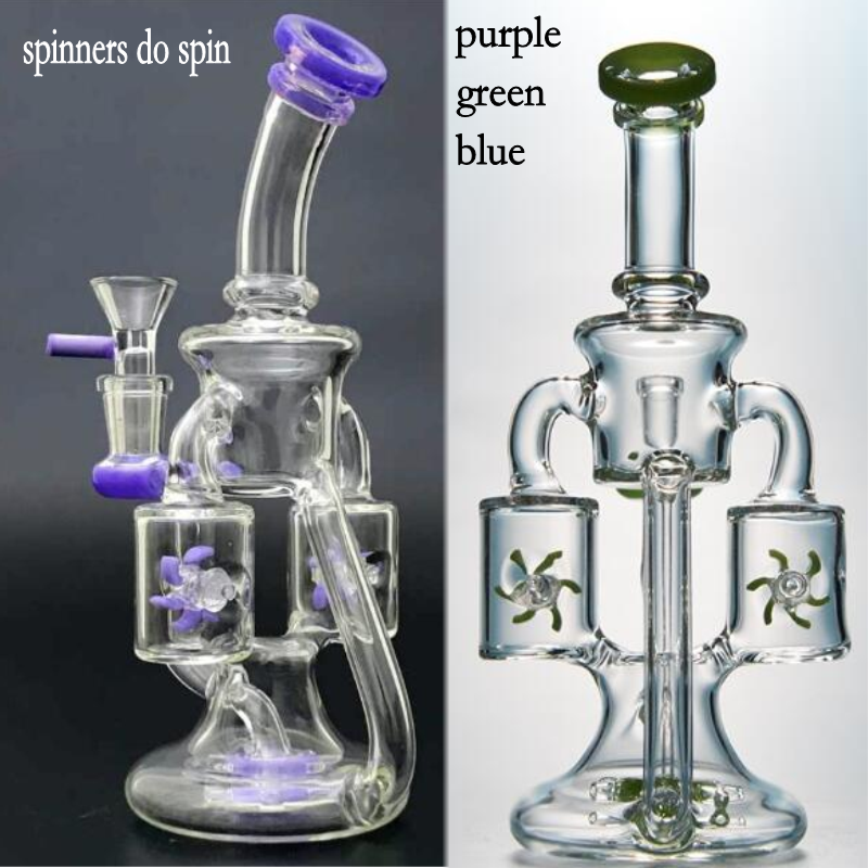 

pueple glass Water Pipes Recycler Dab Rigs Hookahs spinners do spin With 14mm Smoking Glass Bongs Double Percolator blue