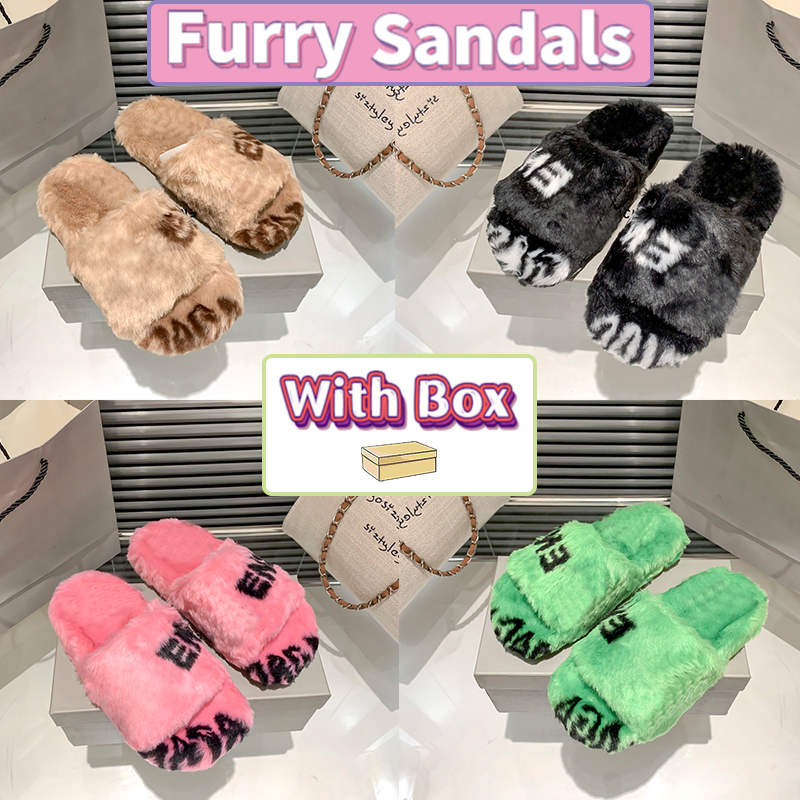 

Luxury Furry Sandals Allover Logo Slides Men Women Shoes Green Black White Pink Beige Ebony Designer Sandal Winter Indoor Outdoor Slippers Fashion Slide With Box, Double shoe box