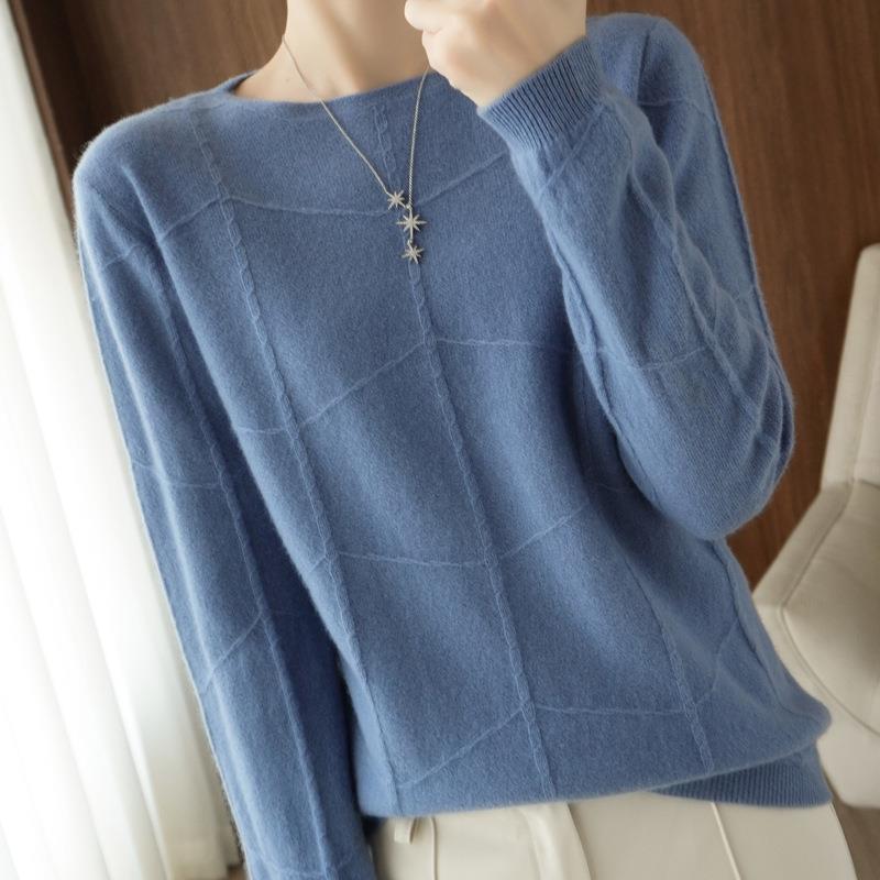 

Women' Sweaters Solid Color Ladies Cashmere Sweater Checkered Round Neck Knitted Autumn And Winter Arrivals Casual Fashion PulloverWomen, Black