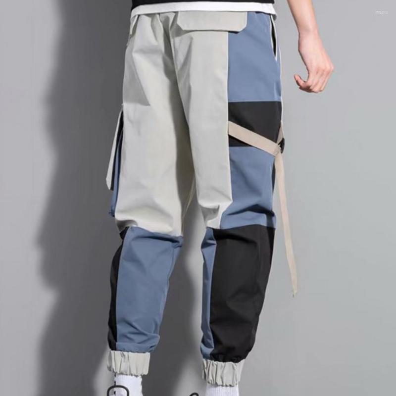 

Men's Pants Drawstring Stylish Multi Pockets Elastic Waist Men Trousers Number Pattern Color Matching Teenager Clothing, Blue