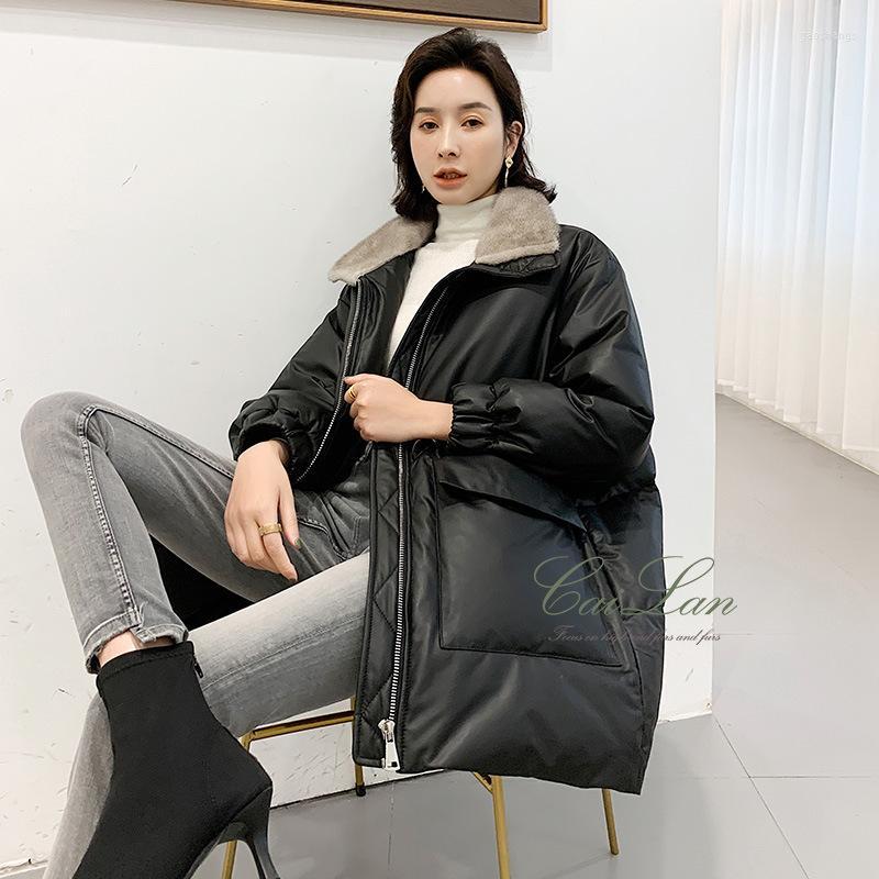 

Women' Leather European Down Jacket Women' Mid Long Sheep Skin Collar Coat Large Size 2022 Winter & Faux, Black