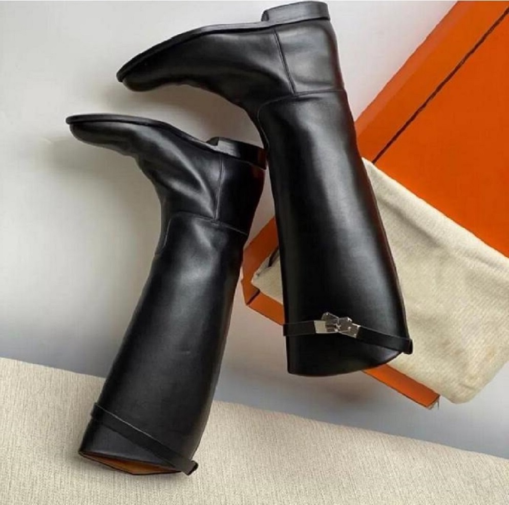Luxury Designer Winter Kelly Buckles Jumping Knee Boots Ankle Boot Leather Women's Booty Ladies Martin chunky heel High-Quality Cool Knight