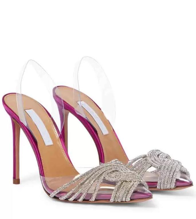 

Summer Luxury Brands Gatsby Sandals Shoes For Women Slingback Pumps Crystal Swirls PVC Toecaps Pointed Toe Lady High Heels EU35-43, 13