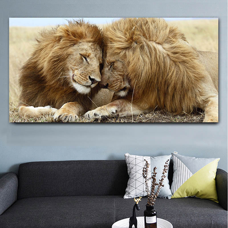 

Canvas Painting African Brotherly Love Two Adult Male Lions Wild Animal Posters and Prints Wall Art Pictures For Living Room NO FRAME